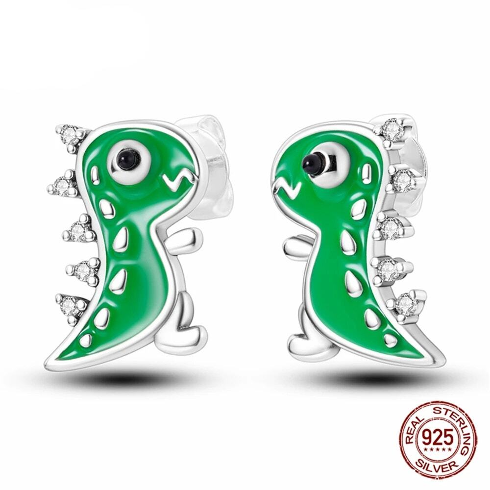 Green‎ Dinosaur Sterling Silver Stud Earrings with Sparkling Zircons S925